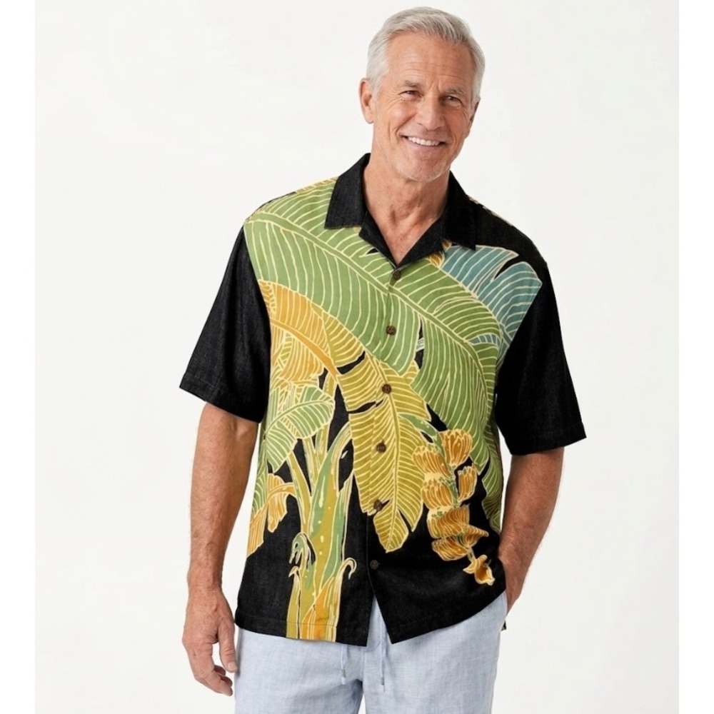 Tommy Bahama Colorful 100% Silk Tropical Banana Print Button Down Large Vacation